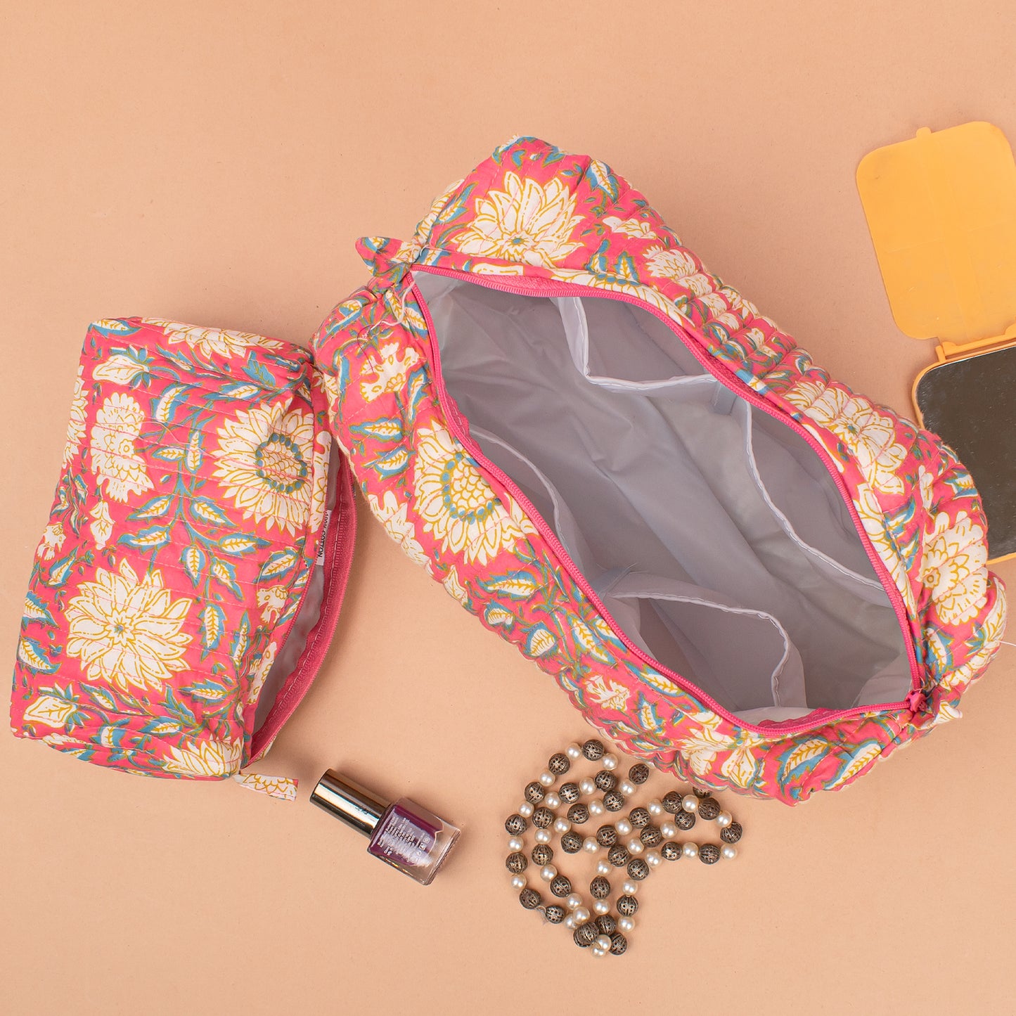 Cotton Quilted Makeup Bag | Handmade Cosmetic Pouch | Toiletry Travel Organizer - Set of 3