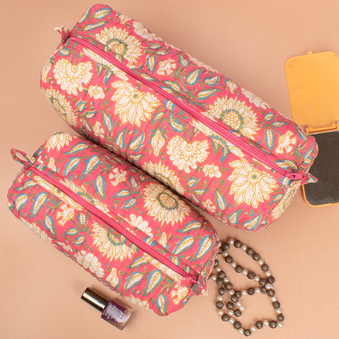 Set of 3 – Quilted Makeup Bag | Cotton Cosmetic Pouch &amp; Organizer