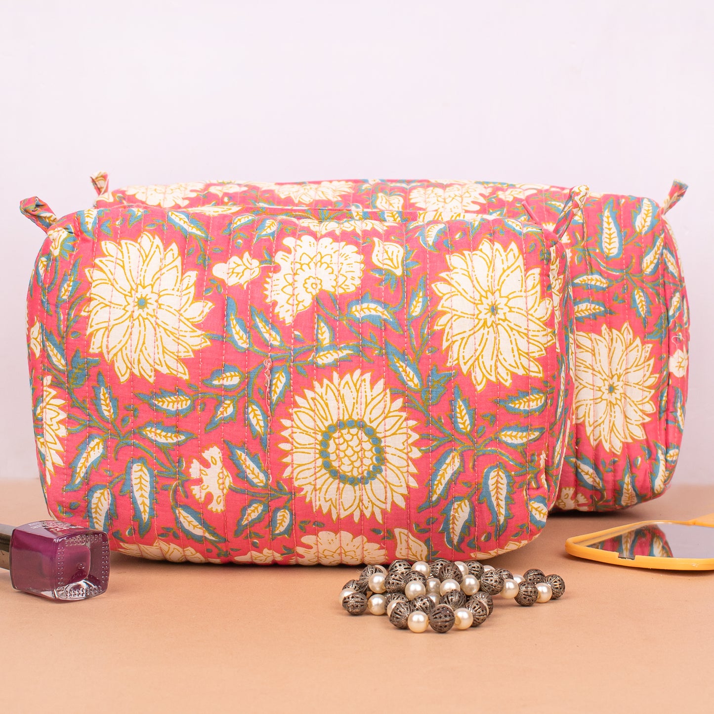 Cotton Quilted Makeup Bag | Handmade Cosmetic Pouch | Toiletry Travel Organizer - Set of 3