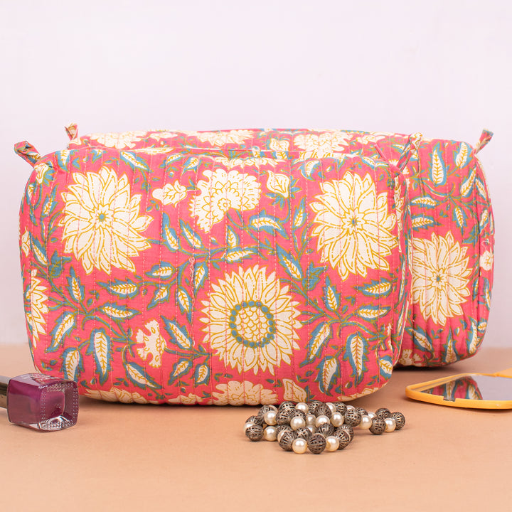 Set of 3 – Quilted Makeup Bag | Cotton Cosmetic Pouch &amp; Organizer