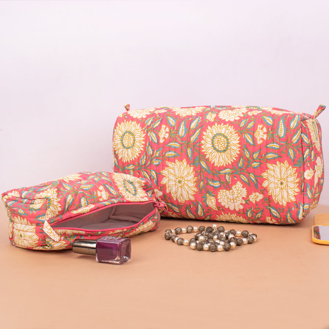 Set of 3 – Quilted Makeup Bag | Cotton Cosmetic Pouch &amp; Organizer