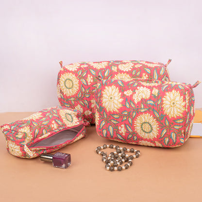 Cotton Quilted Makeup Bag | Handmade Cosmetic Pouch | Toiletry Travel Organizer - Set of 3