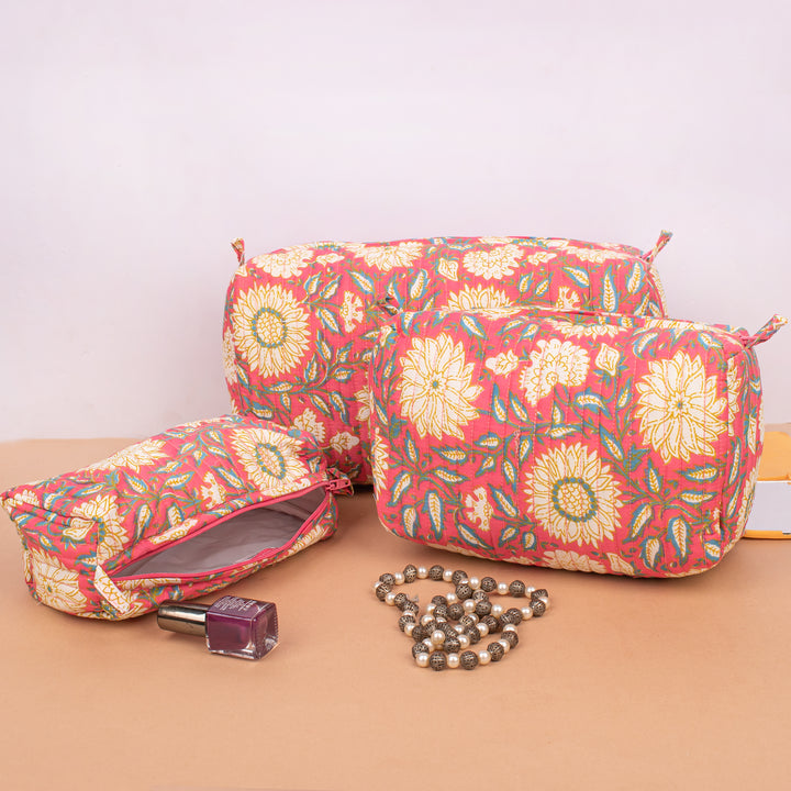 Set of 3 – Quilted Makeup Bag | Cotton Cosmetic Pouch &amp; Organizer