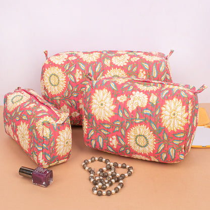Cotton Quilted Makeup Bag | Handmade Cosmetic Pouch | Toiletry Travel Organizer - Set of 3
