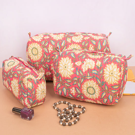 Cotton Quilted Makeup Bag | Handmade Cosmetic Pouch | Toiletry Travel Organizer - Set of 3