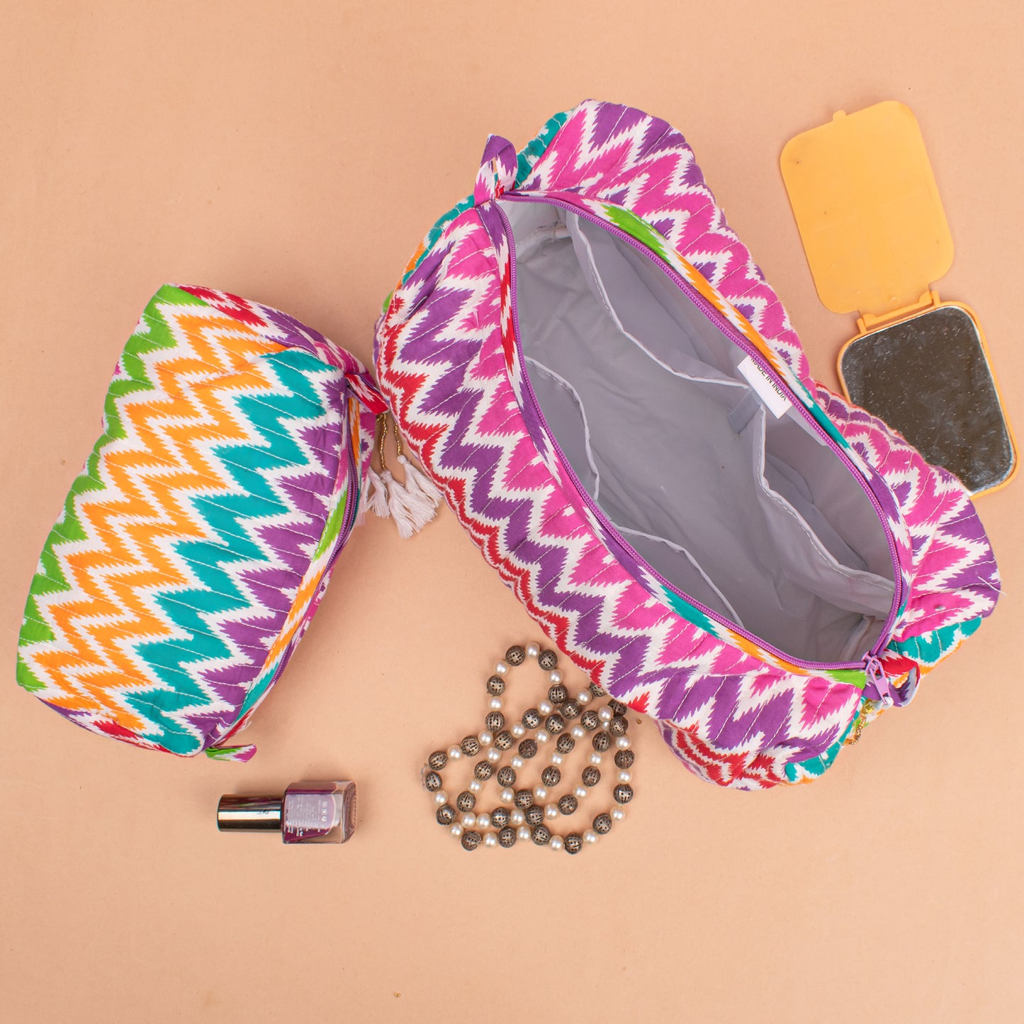 Printed Quilted Makeup Bag | Floral Cosmetic Pouch | Zipper Travel Toiletry Bag - Set of 3