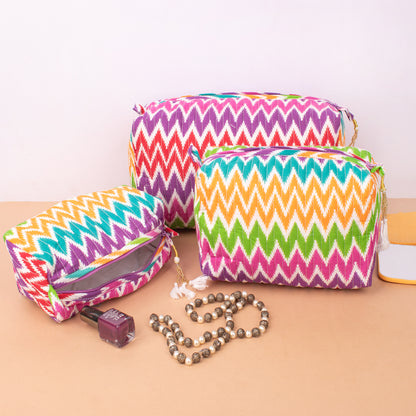 Printed Quilted Makeup Bag | Floral Cosmetic Pouch | Zipper Travel Toiletry Bag - Set of 3