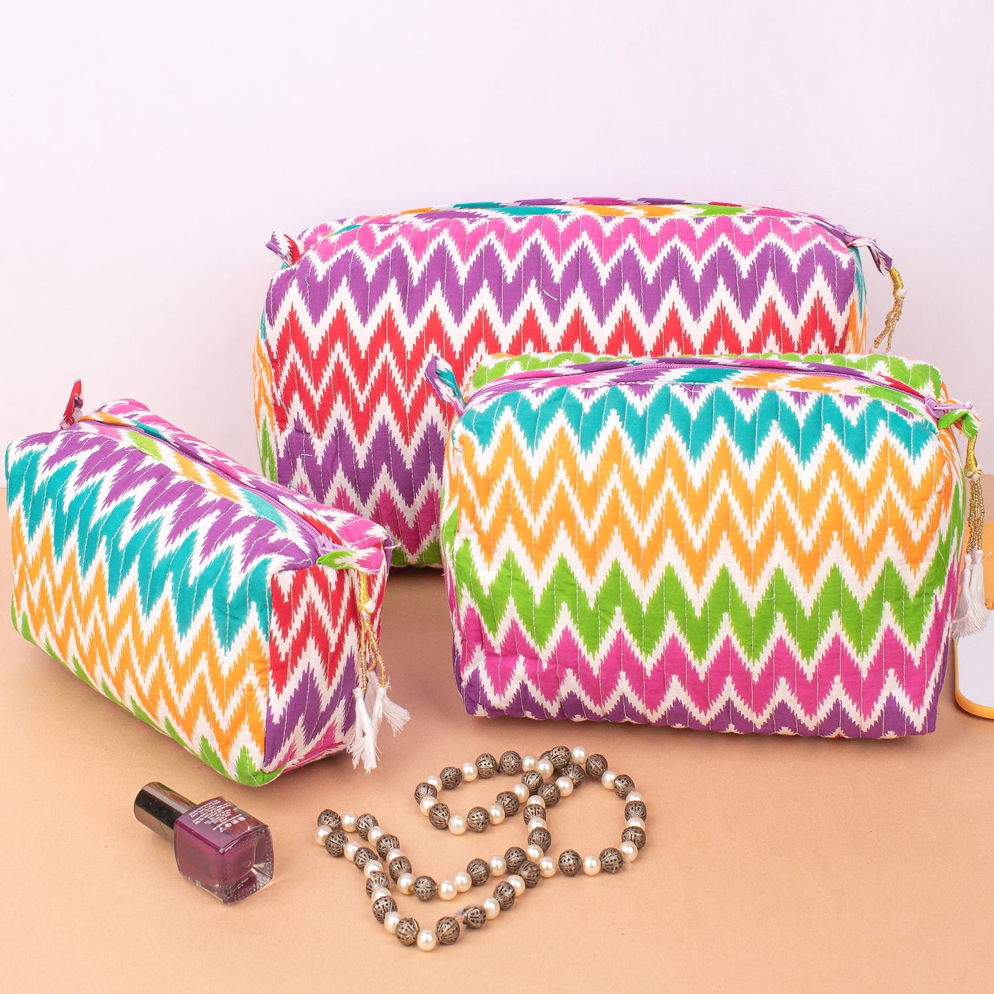 Printed Quilted Makeup Bag | Floral Cosmetic Pouch | Zipper Travel Toiletry Bag - Set of 3