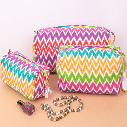 Printed Quilted Makeup Bag | Floral Cosmetic Pouch | Zipper Travel Toiletry Bag - Set of 3