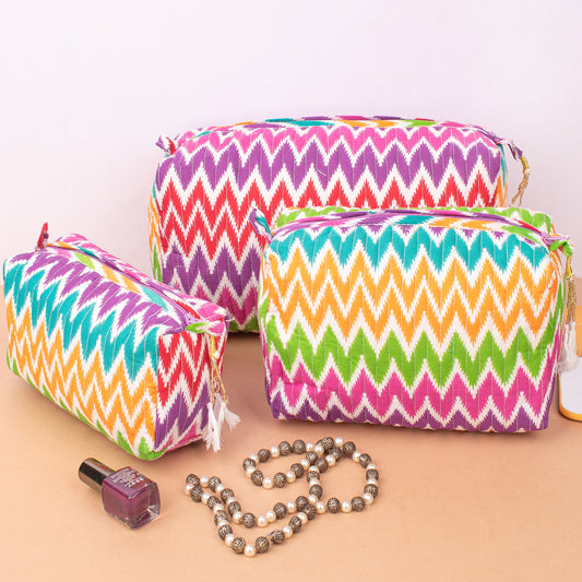 Printed Quilted Makeup Bag | Floral Cosmetic Pouch | Zipper Travel Toiletry Bag - Set of 3