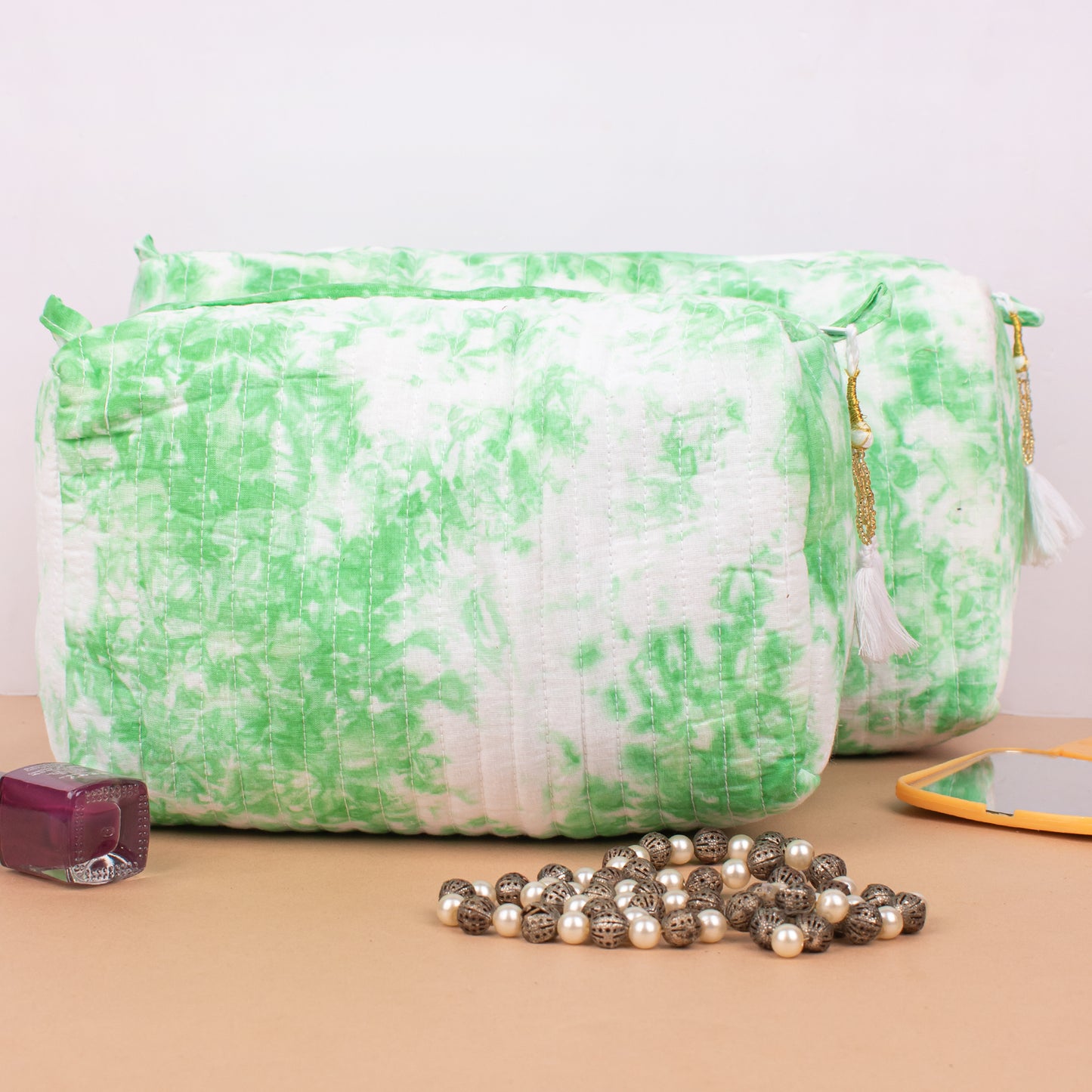 Set of 3 - Aesthetic Quilted Makeup Bag | Boho Cotton Pouch | Travel Cosmetic Organizer