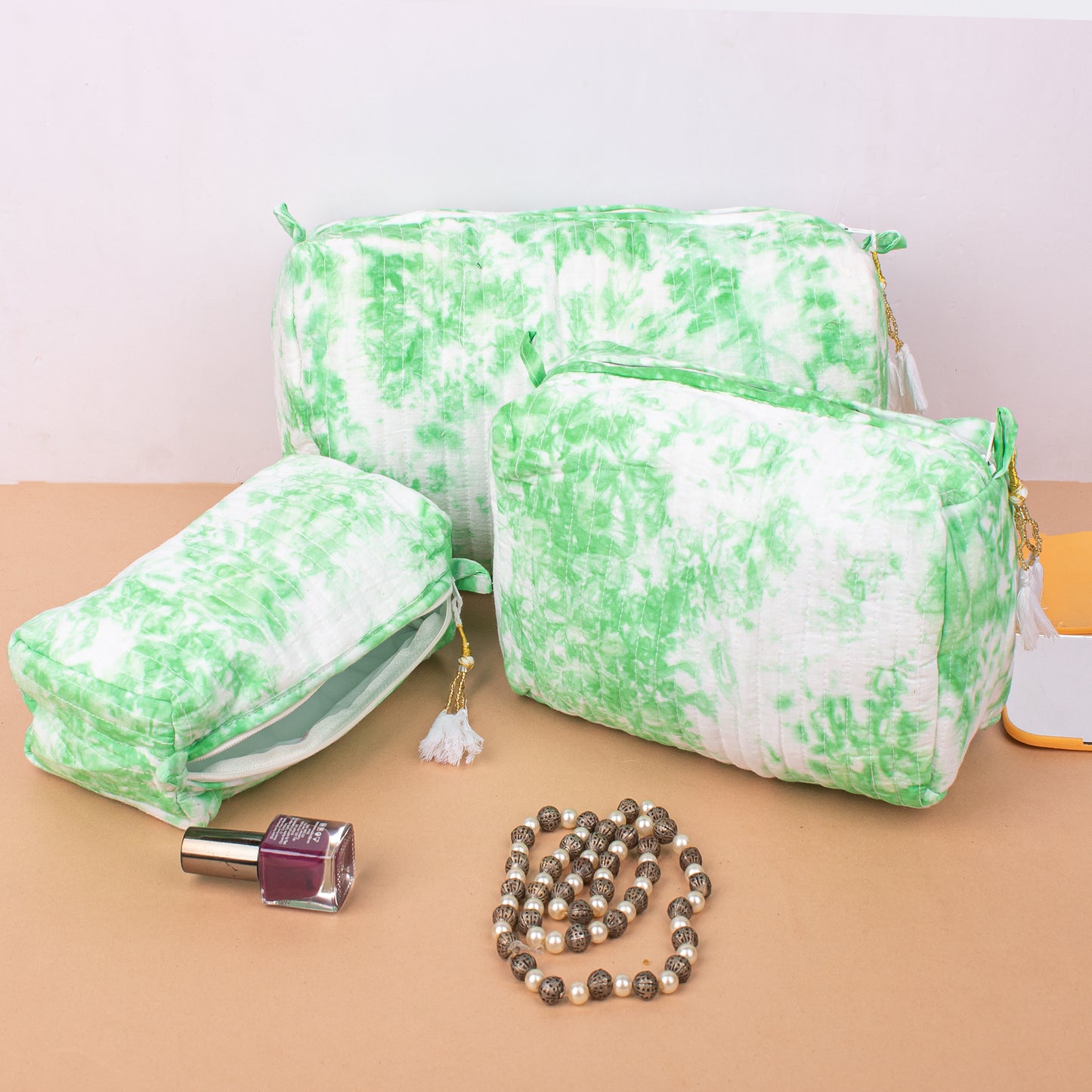 Set of 3 - Aesthetic Quilted Makeup Bag | Boho Cotton Pouch | Travel Cosmetic Organizer