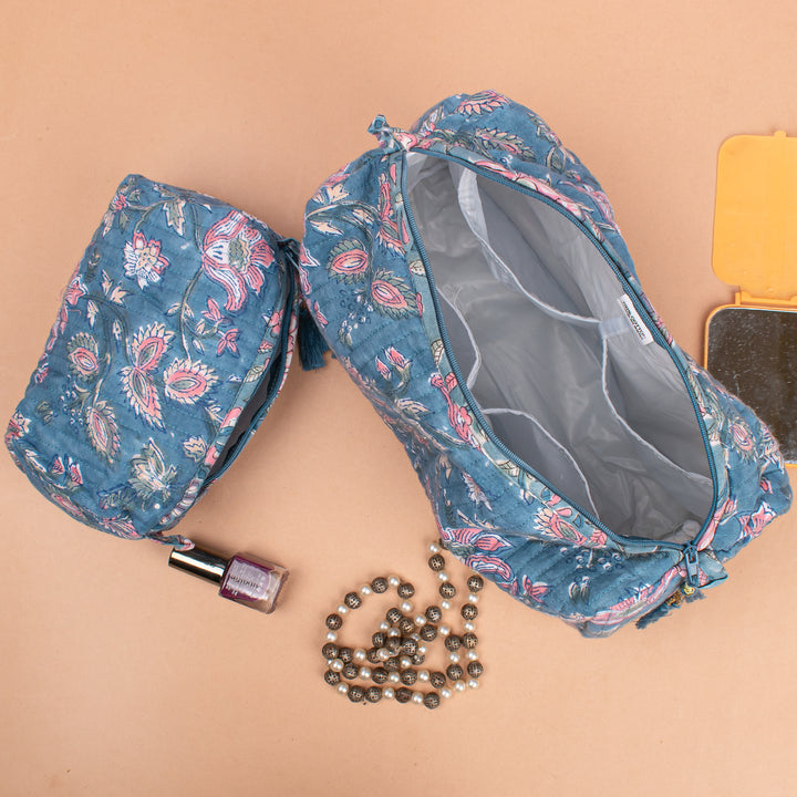 Set of 3 – Quilted Makeup Bag | Cotton Cosmetic Pouch &amp; Organizer