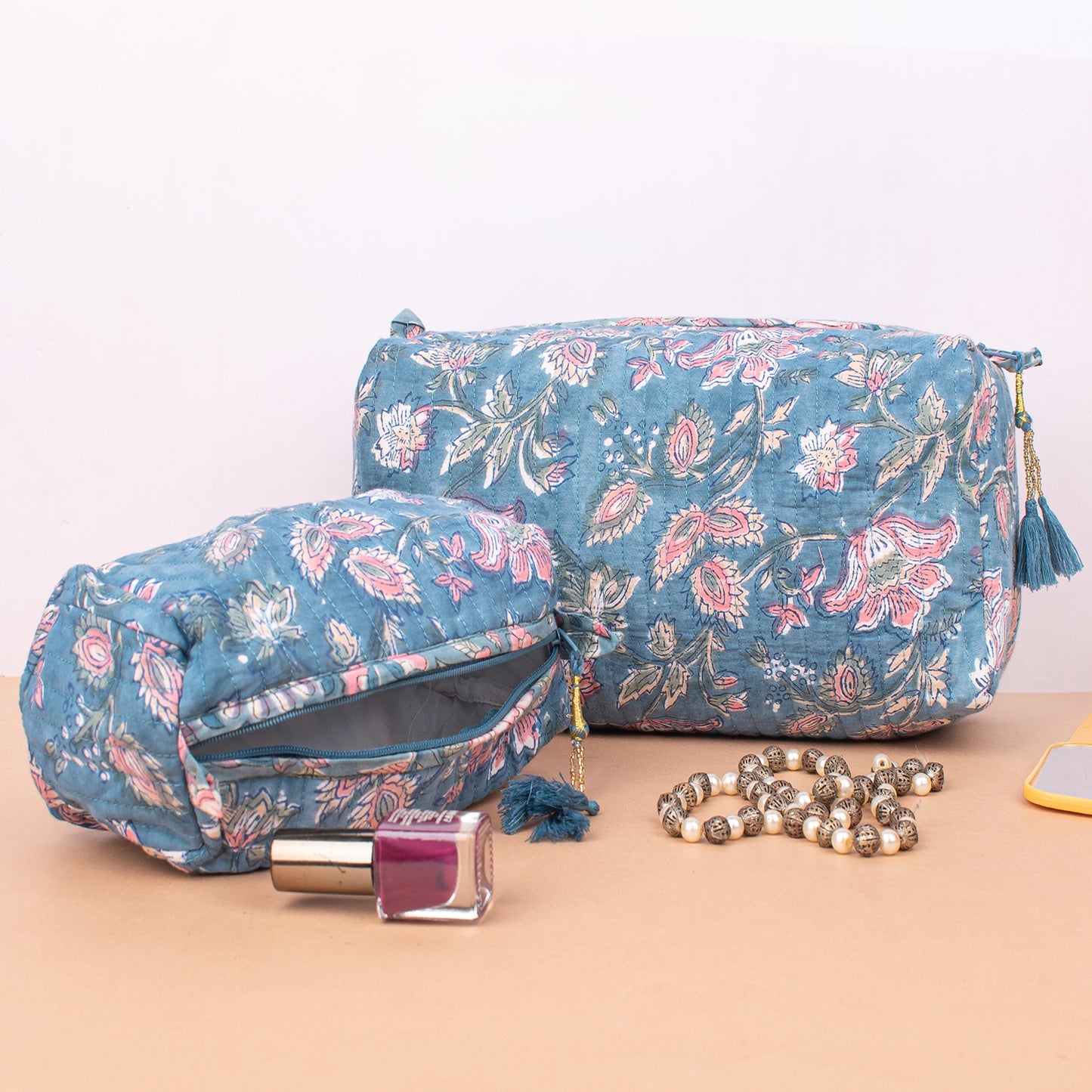 Set of 3 - Eco Quilted Makeup Bag | Sustainable Cotton Cosmetic Pouch | Travel Organizer