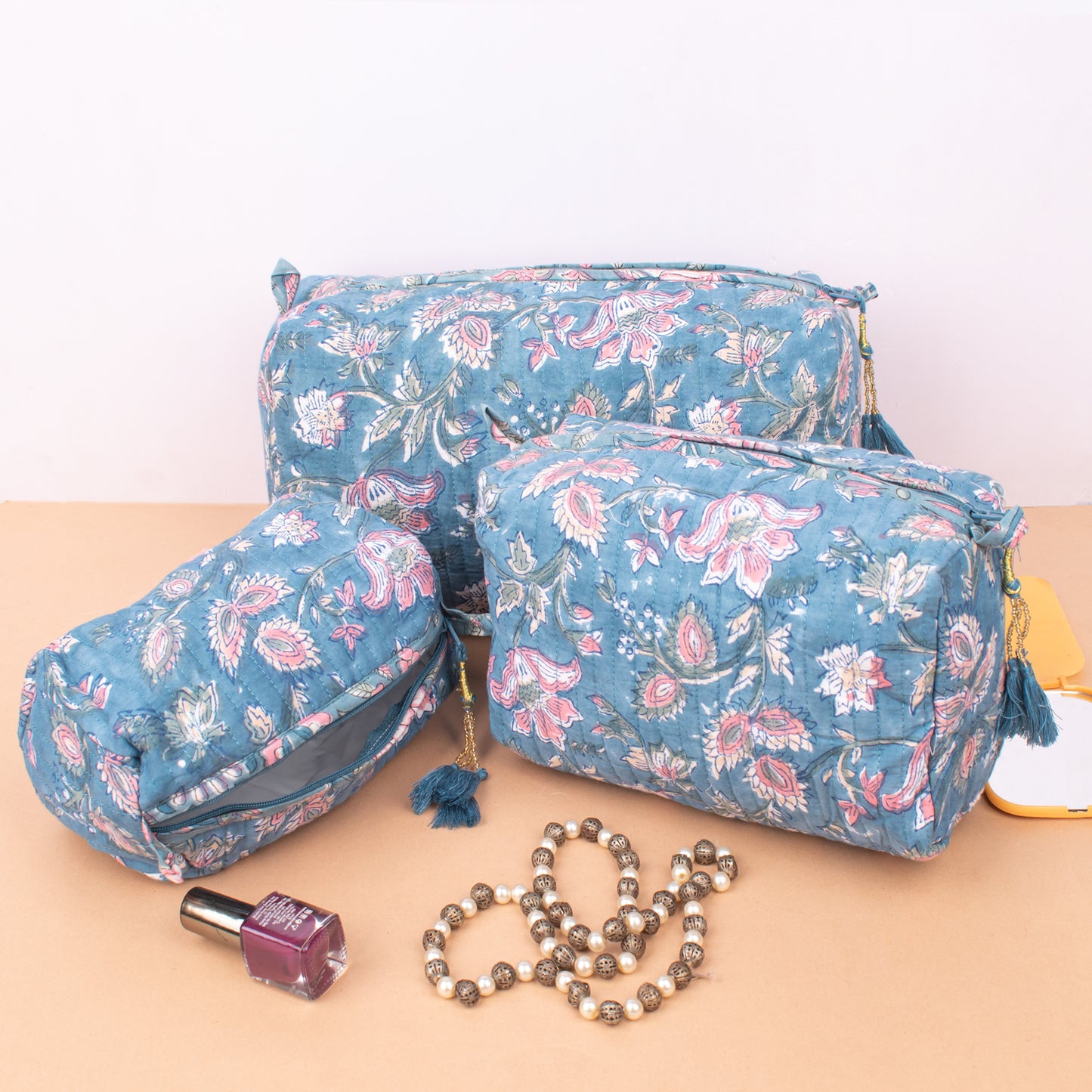 Set of 3 - Eco Quilted Makeup Bag | Sustainable Cotton Cosmetic Pouch | Travel Organizer