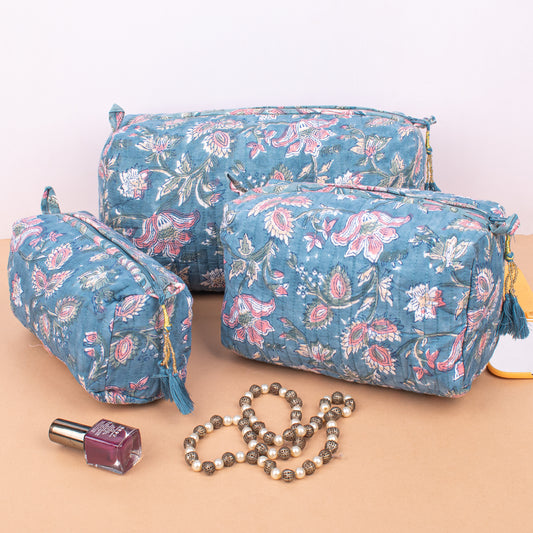 Set of 3 - Eco Quilted Makeup Bag | Sustainable Cotton Cosmetic Pouch | Travel Organizer