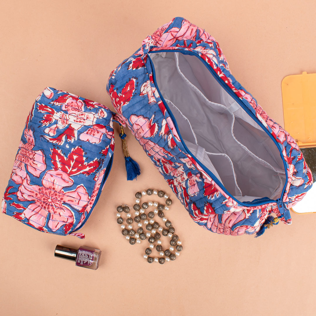 Set of 3 – Floral Makeup Bag | Cotton Cosmetic Pouch &amp; Organizer