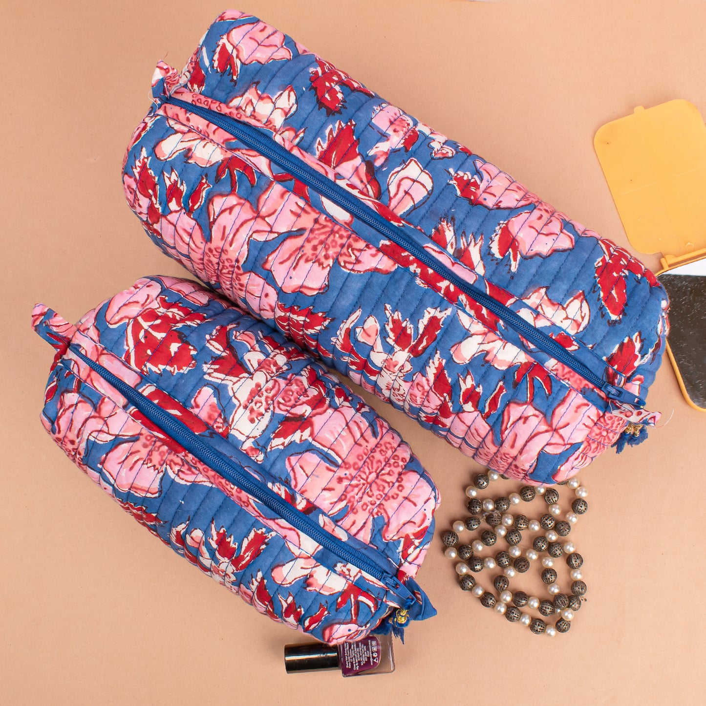 Set of 3 - Floral Quilted Makeup Bag | Handmade Cotton Cosmetic Pouch | Gift for Her