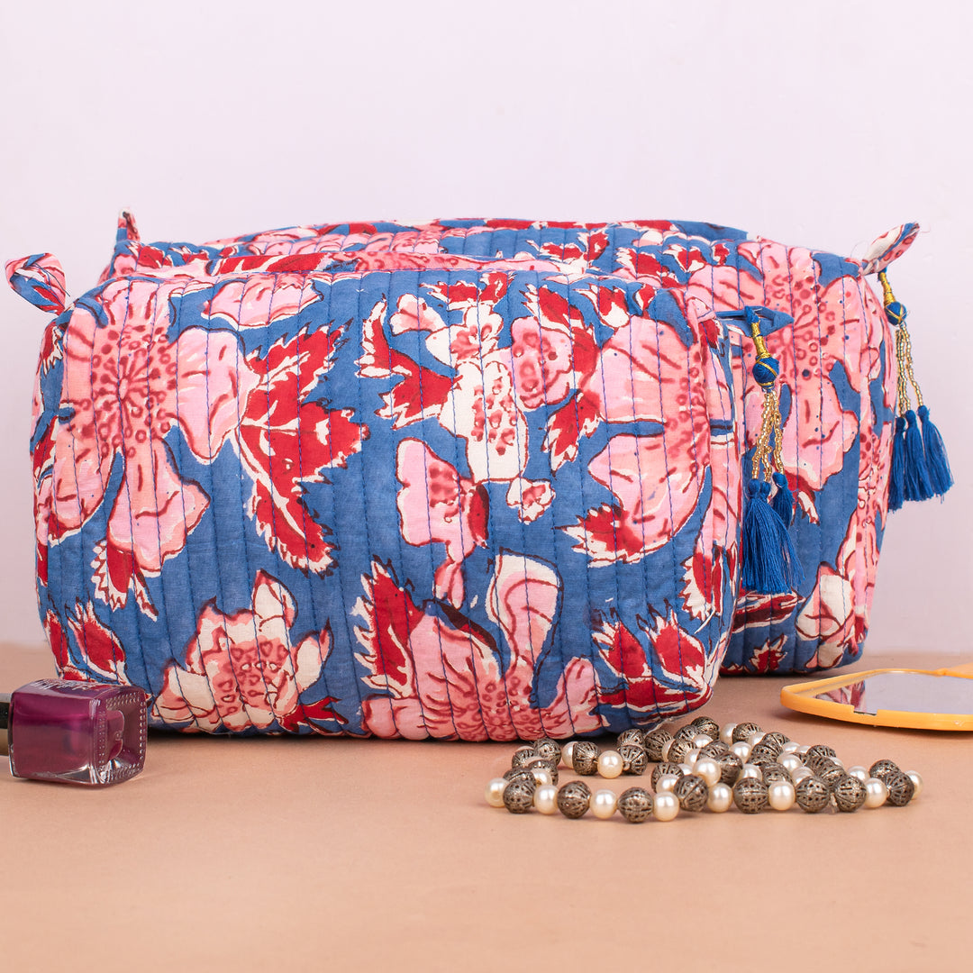 Set of 3 – Floral Makeup Bag | Cotton Cosmetic Pouch &amp; Organizer