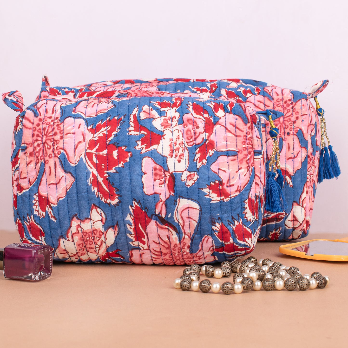 Set of 3 - Floral Quilted Makeup Bag | Handmade Cotton Cosmetic Pouch | Gift for Her