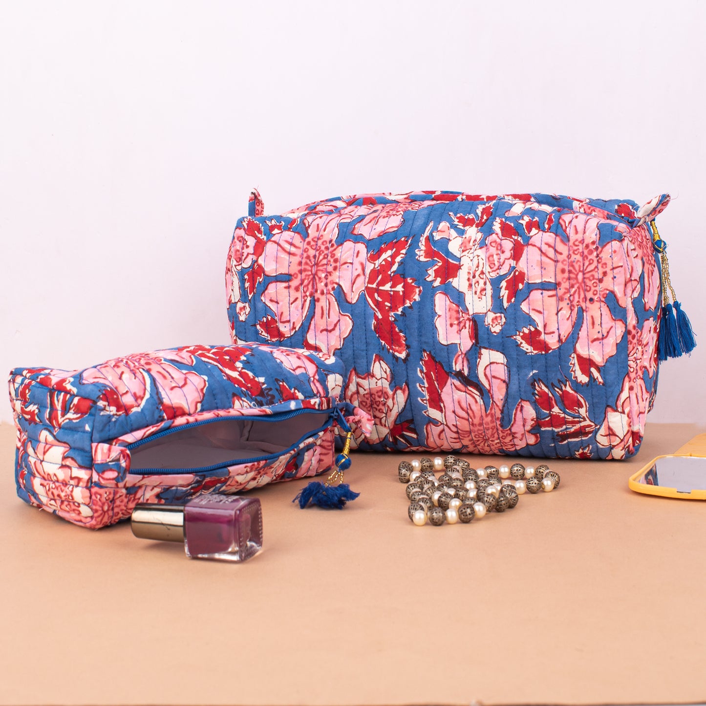 Set of 3 - Floral Quilted Makeup Bag | Handmade Cotton Cosmetic Pouch | Gift for Her