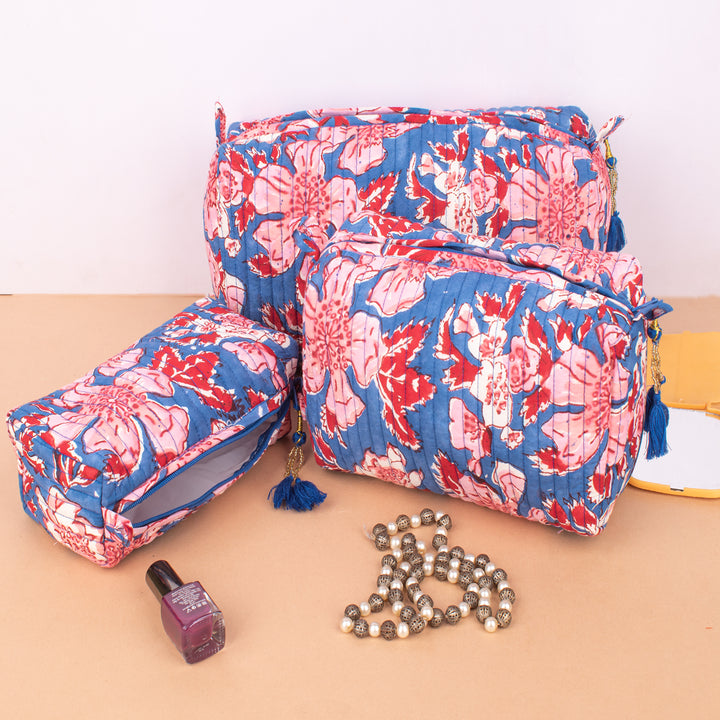 Set of 3 – Floral Makeup Bag | Cotton Cosmetic Pouch &amp; Organizer