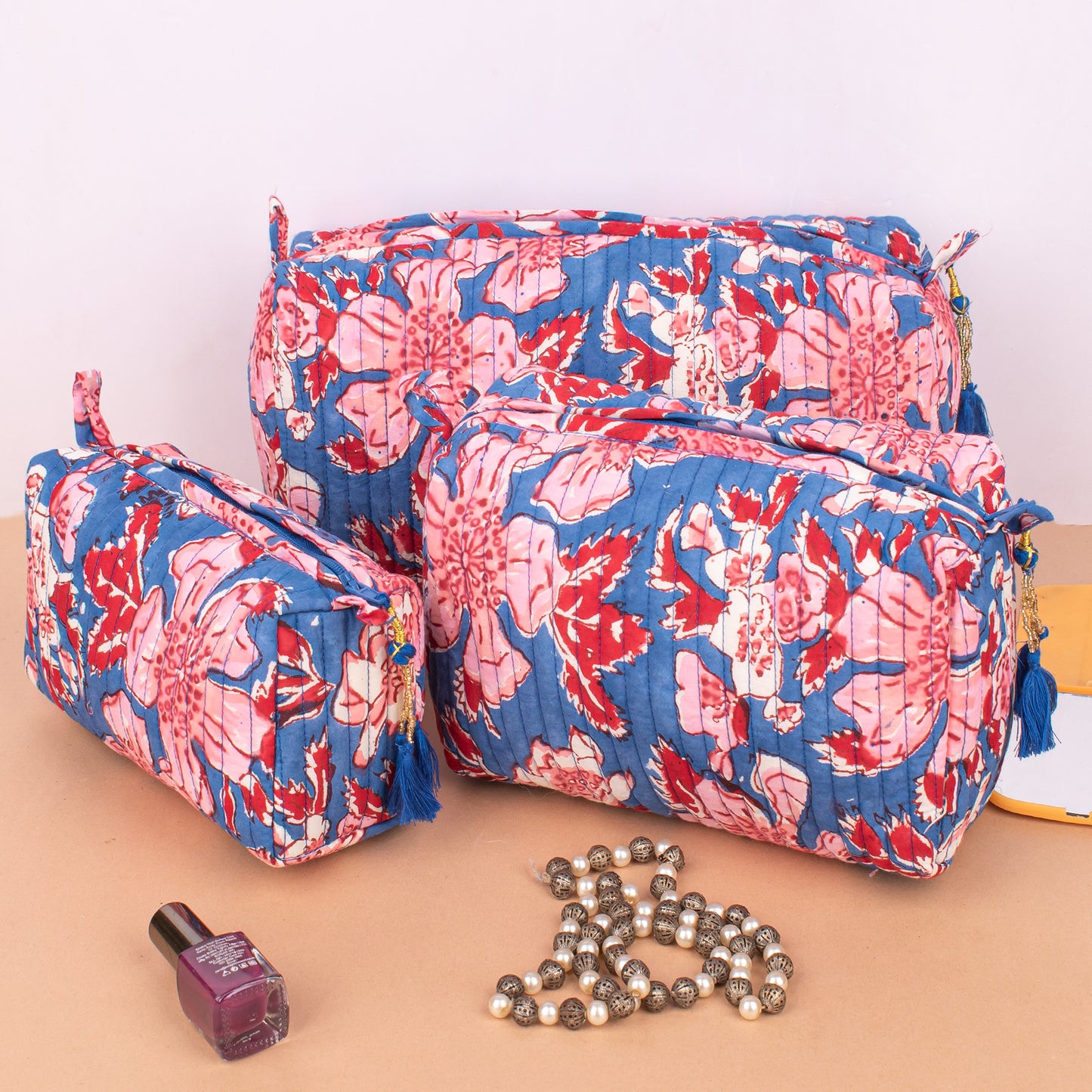 Set of 3 - Floral Quilted Makeup Bag | Handmade Cotton Cosmetic Pouch | Gift for Her