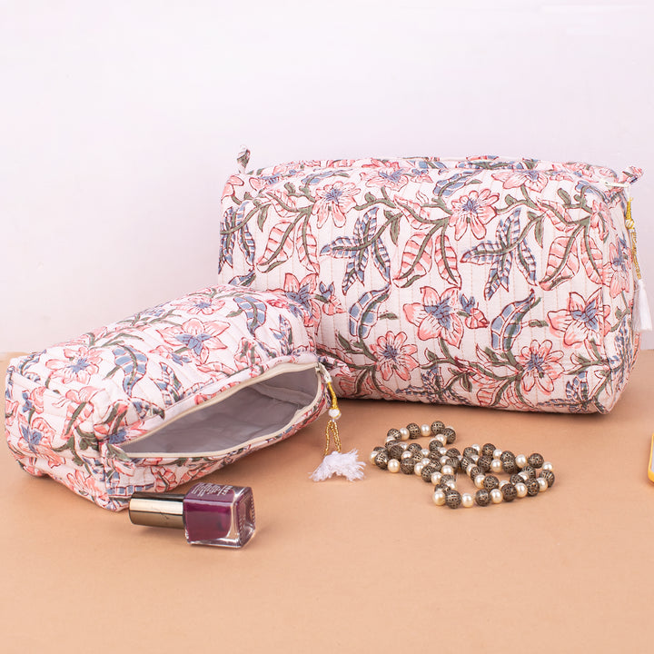 Set of 3 – Quilted Makeup Bag | Cotton Cosmetic Pouch &amp; Organizer