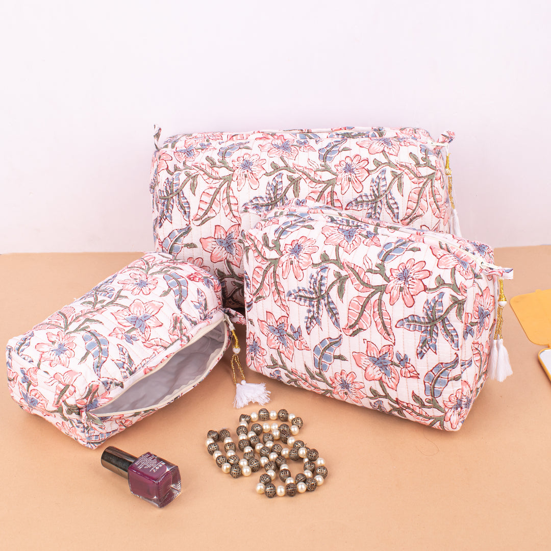 Set of 3 – Quilted Makeup Bag | Cotton Cosmetic Pouch &amp; Organizer
