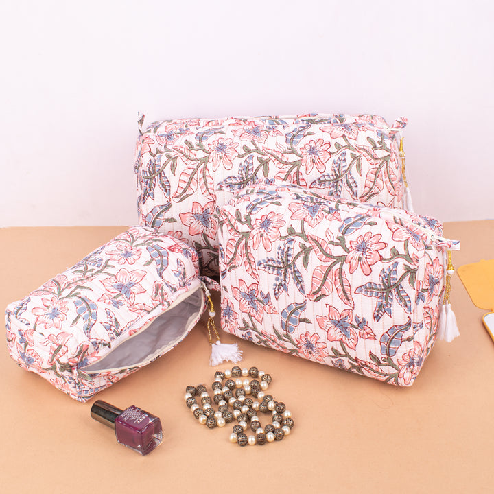 Set of 3 – Quilted Makeup Bag | Cotton Cosmetic Pouch &amp; Organizer