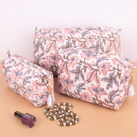Set of 3 - Small Quilted Makeup Bag | Zipper Cosmetic Pouch | Compact Travel Organizer