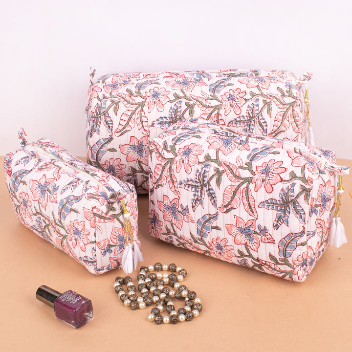 Set of 3 – Quilted Makeup Bag | Cotton Cosmetic Pouch &amp; Organizer
