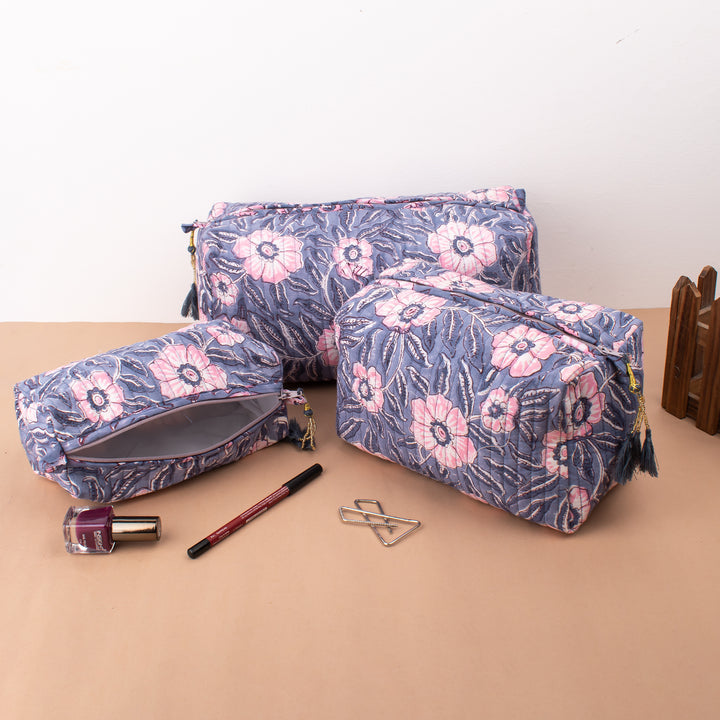 Set of 3 – Hand Block Makeup Bag | Cotton Cosmetic Pouch &amp; Organizer