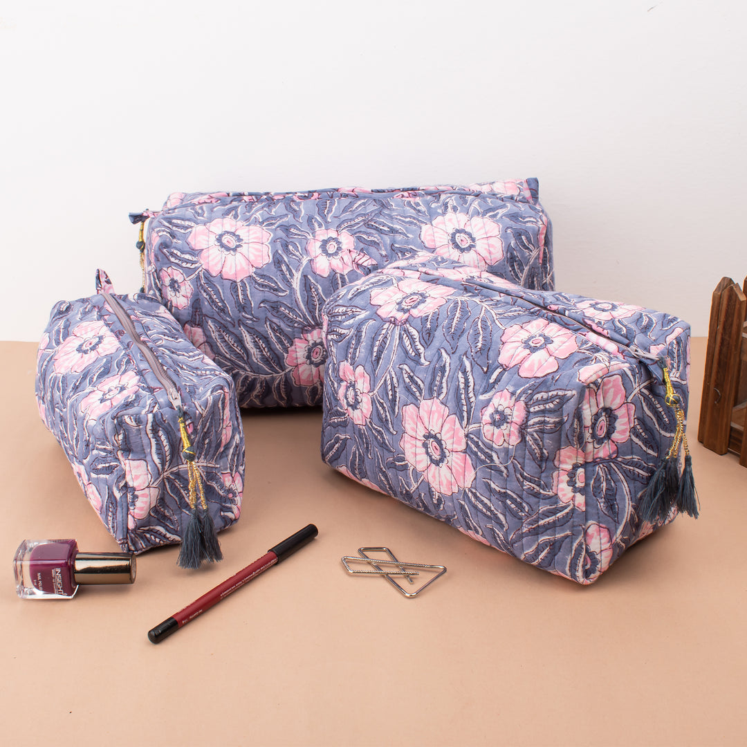 Set of 3 – Hand Block Makeup Bag | Cotton Cosmetic Pouch &amp; Organizer