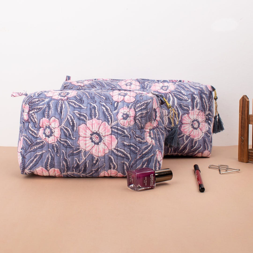 Set of 3 – Hand Block Makeup Bag | Cotton Cosmetic Pouch &amp; Organizer