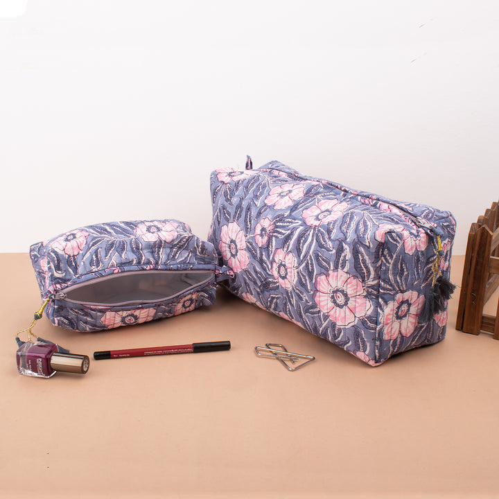 Set of 3 – Hand Block Makeup Bag | Cotton Cosmetic Pouch &amp; Organizer