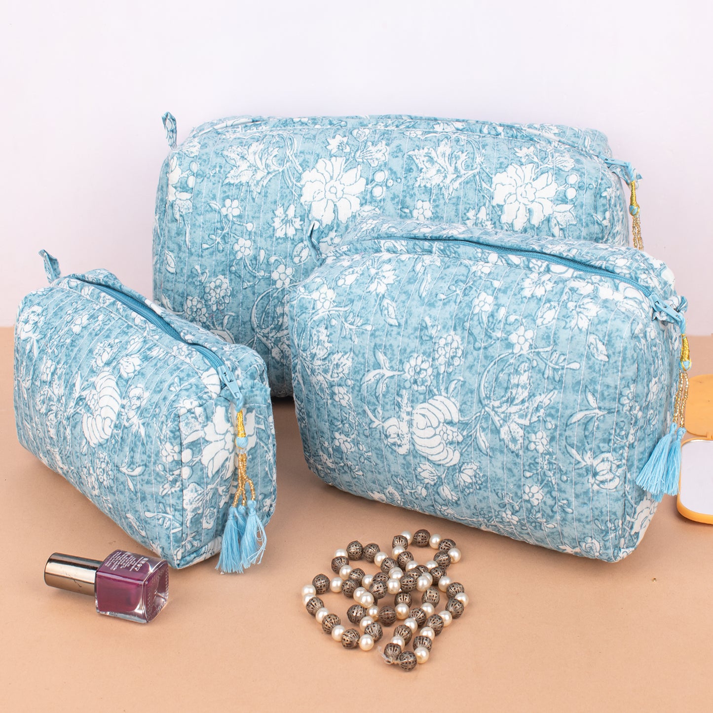 Set of 3 - Handcrafted Quilted Makeup Bag | Cotton Toiletry Pouch | Boho Travel Gift