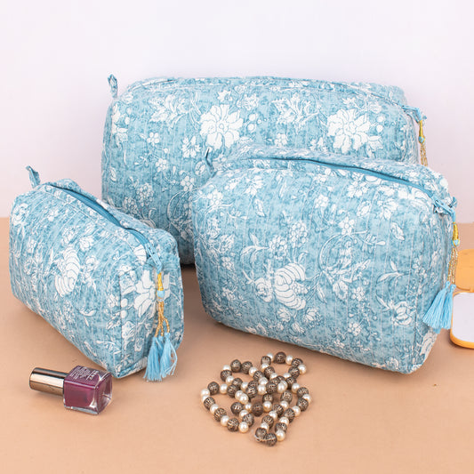 Set of 3 - Handcrafted Quilted Makeup Bag | Cotton Toiletry Pouch | Boho Travel Gift