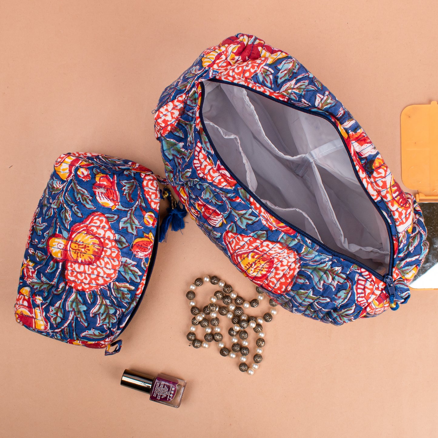 Set of 3 - Colorful Quilted Makeup Bag | Printed Cotton Cosmetic Pouch | Beauty Organizer