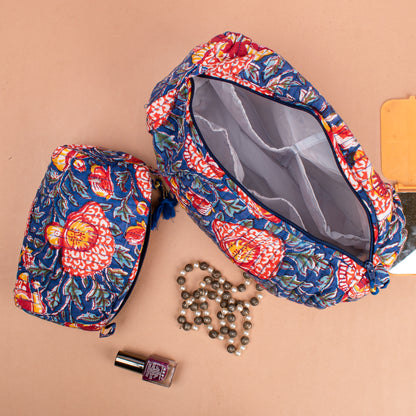 Set of 3 - Colorful Quilted Makeup Bag | Printed Cotton Cosmetic Pouch | Beauty Organizer