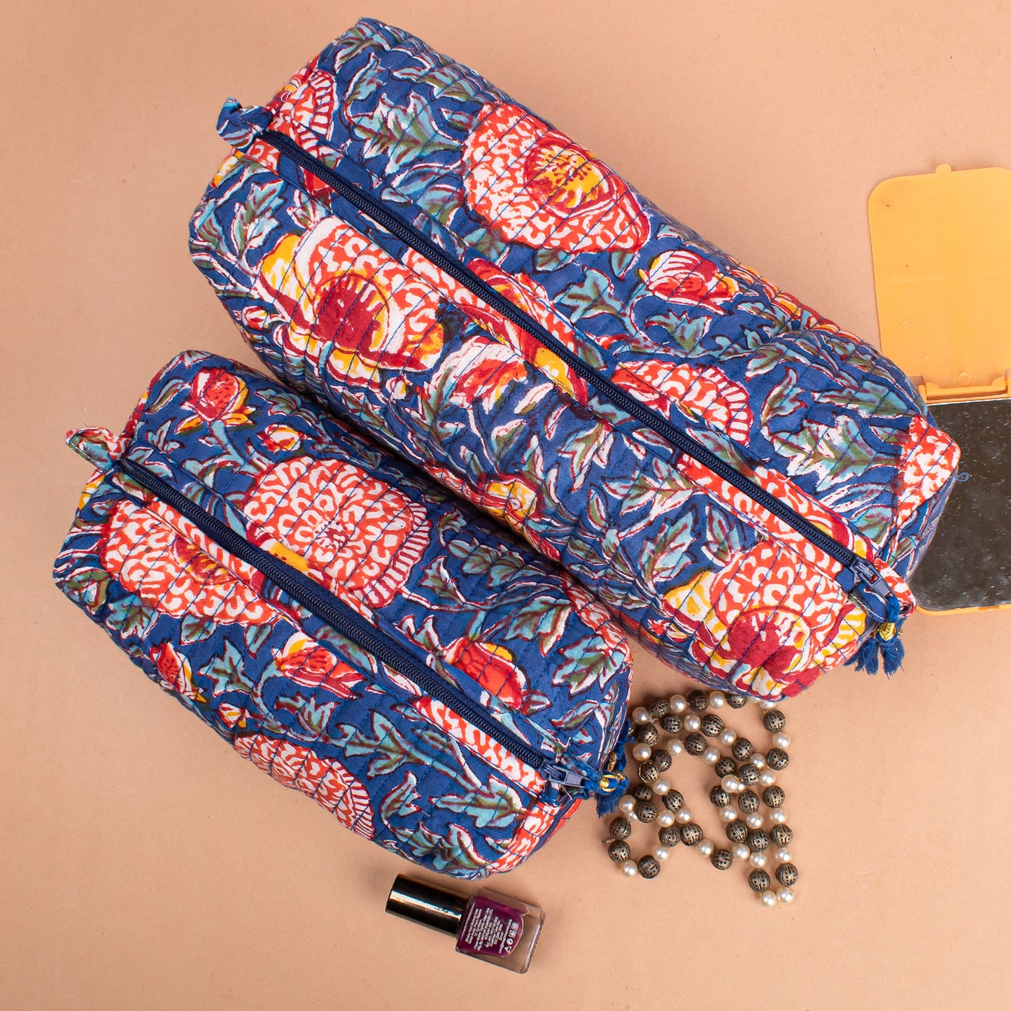 Set of 3 - Colorful Quilted Makeup Bag | Printed Cotton Cosmetic Pouch | Beauty Organizer