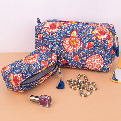 Set of 3 - Colorful Quilted Makeup Bag | Printed Cotton Cosmetic Pouch | Beauty Organizer