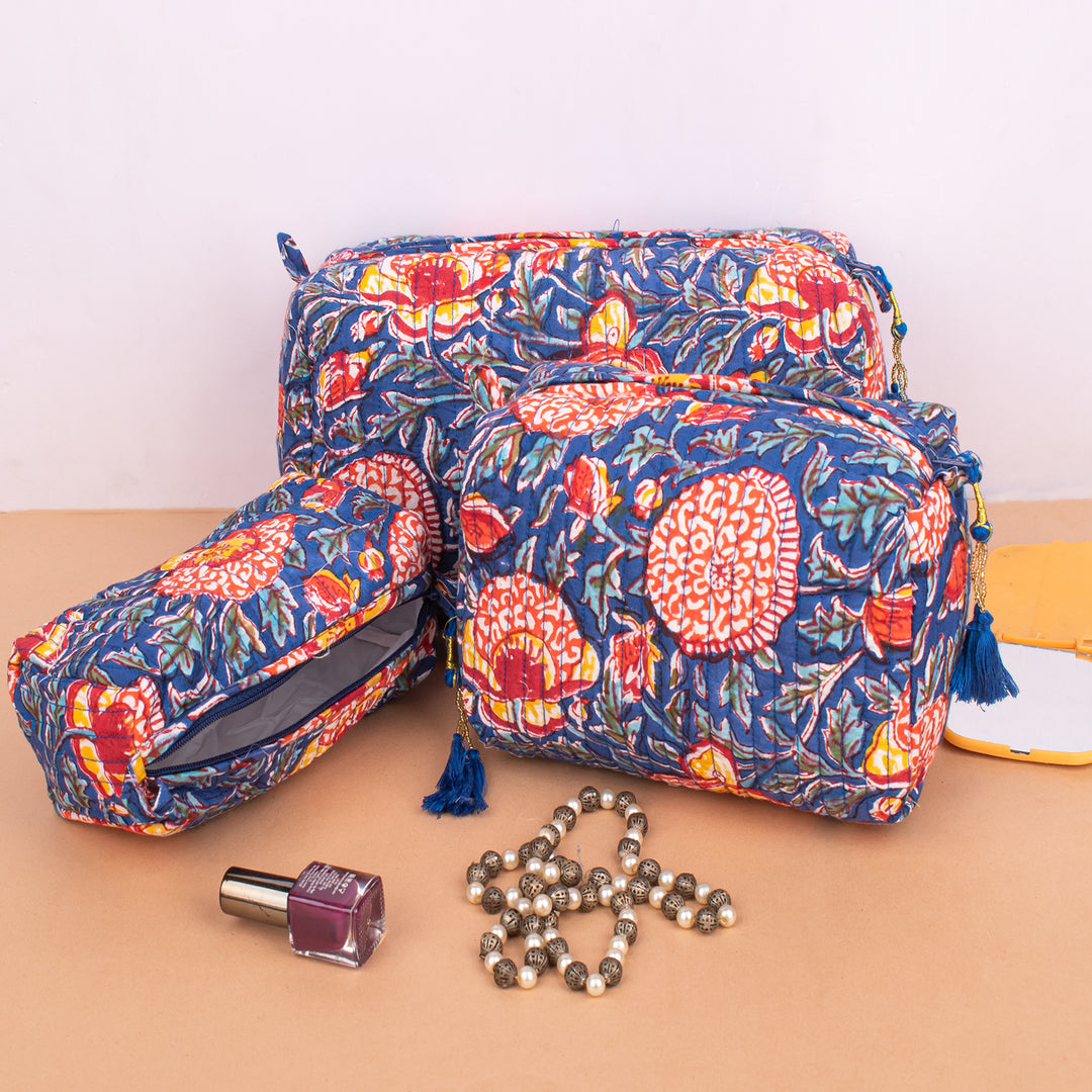 Set of 3 – Quilted Makeup Bag | Cotton Cosmetic Pouch &amp; Organizer