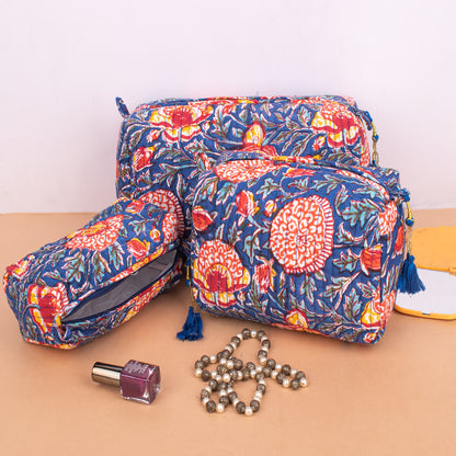 Set of 3 - Colorful Quilted Makeup Bag | Printed Cotton Cosmetic Pouch | Beauty Organizer
