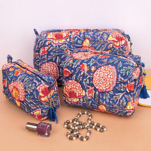 Set of 3 - Colorful Quilted Makeup Bag | Printed Cotton Cosmetic Pouch | Beauty Organizer