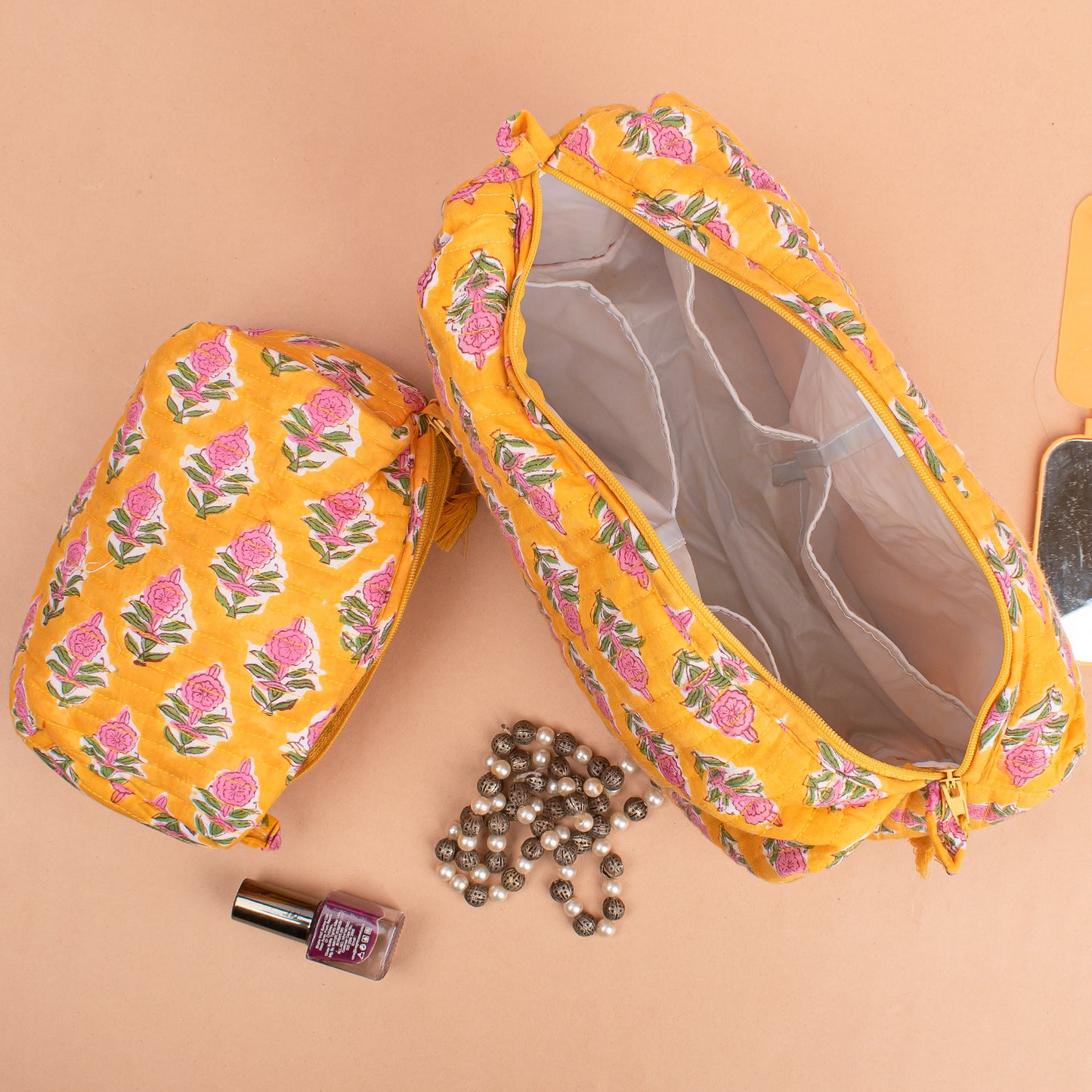 Set of 3 - Soft Cotton Quilted Makeup Bag | Travel Cosmetic Organizer | Handmade Gift