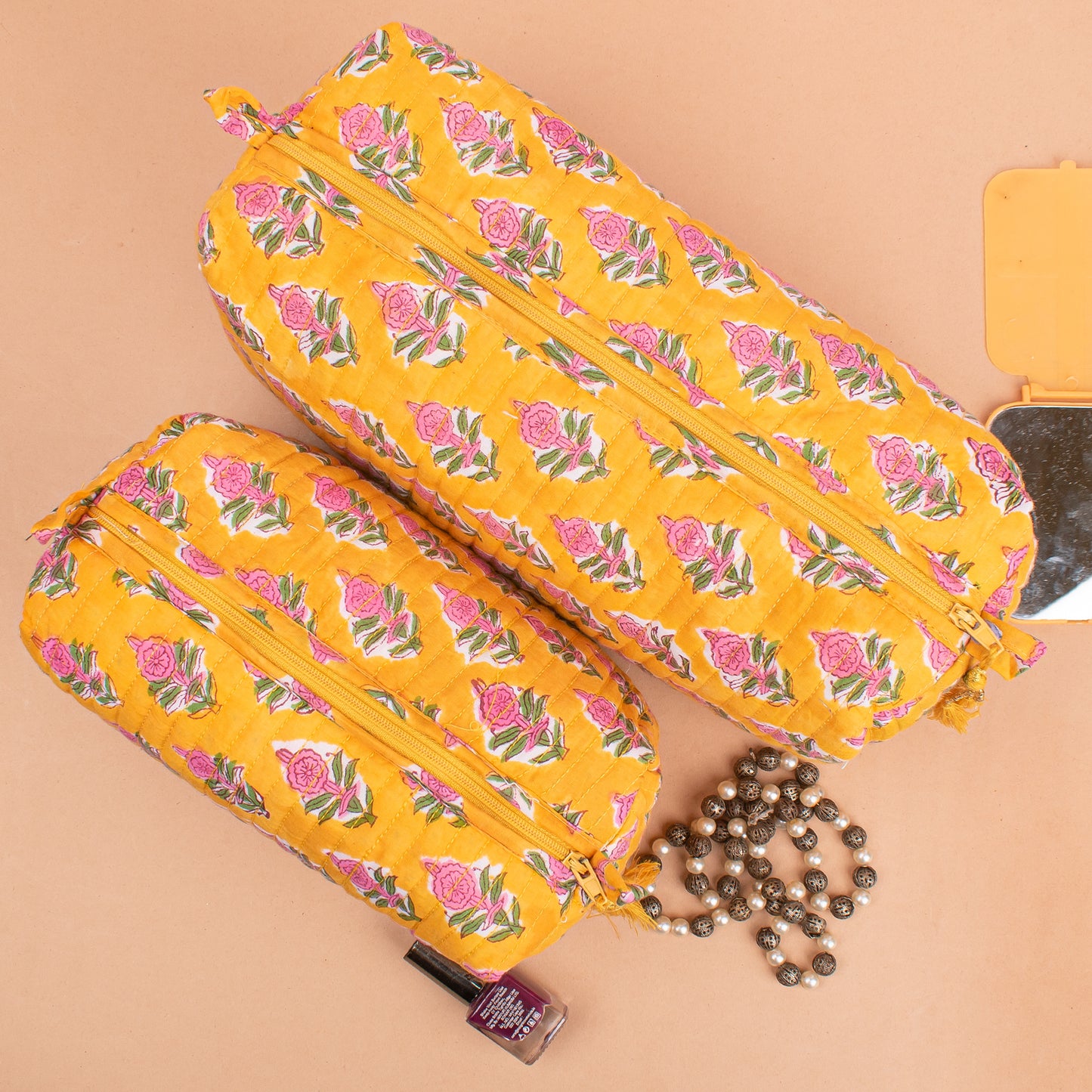 Set of 3 - Soft Cotton Quilted Makeup Bag | Travel Cosmetic Organizer | Handmade Gift