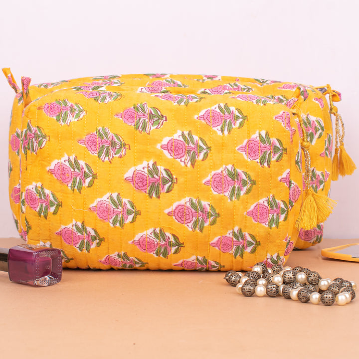 Set of 3 – Quilted Makeup Bag | Cotton Cosmetic Pouch &amp; Organizer