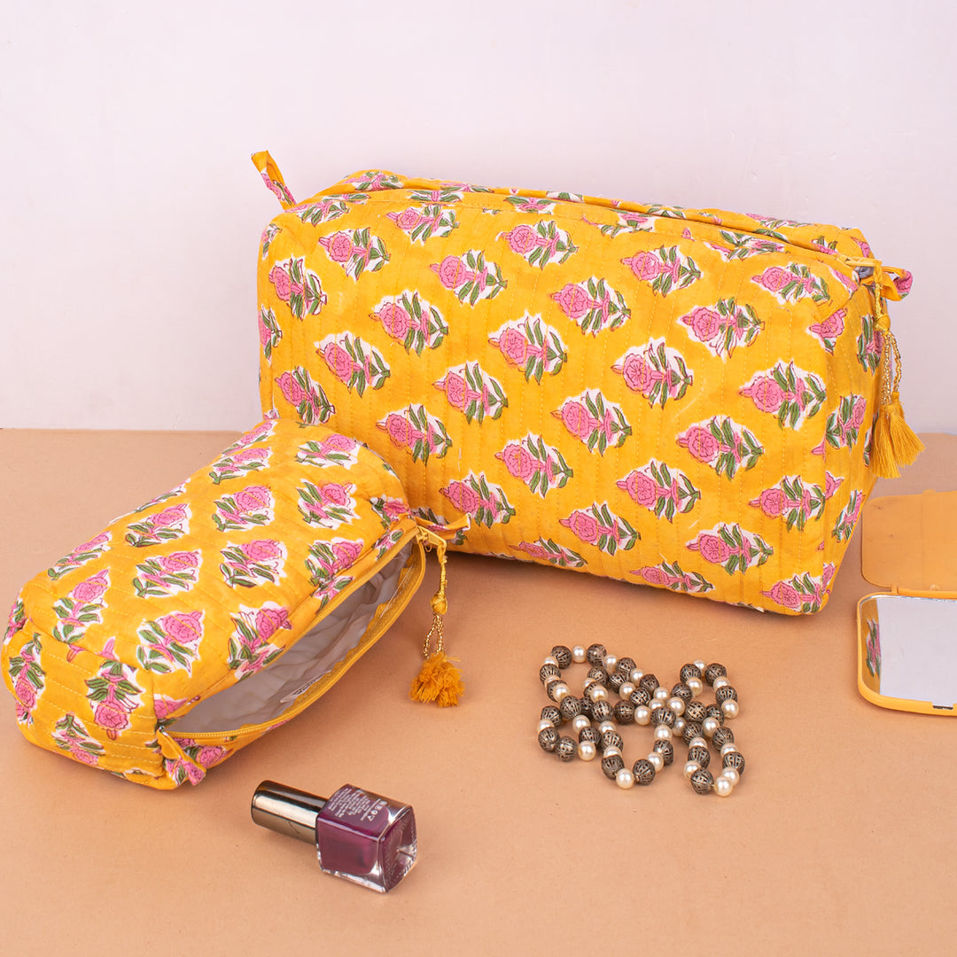 Set of 3 – Quilted Makeup Bag | Cotton Cosmetic Pouch &amp; Organizer