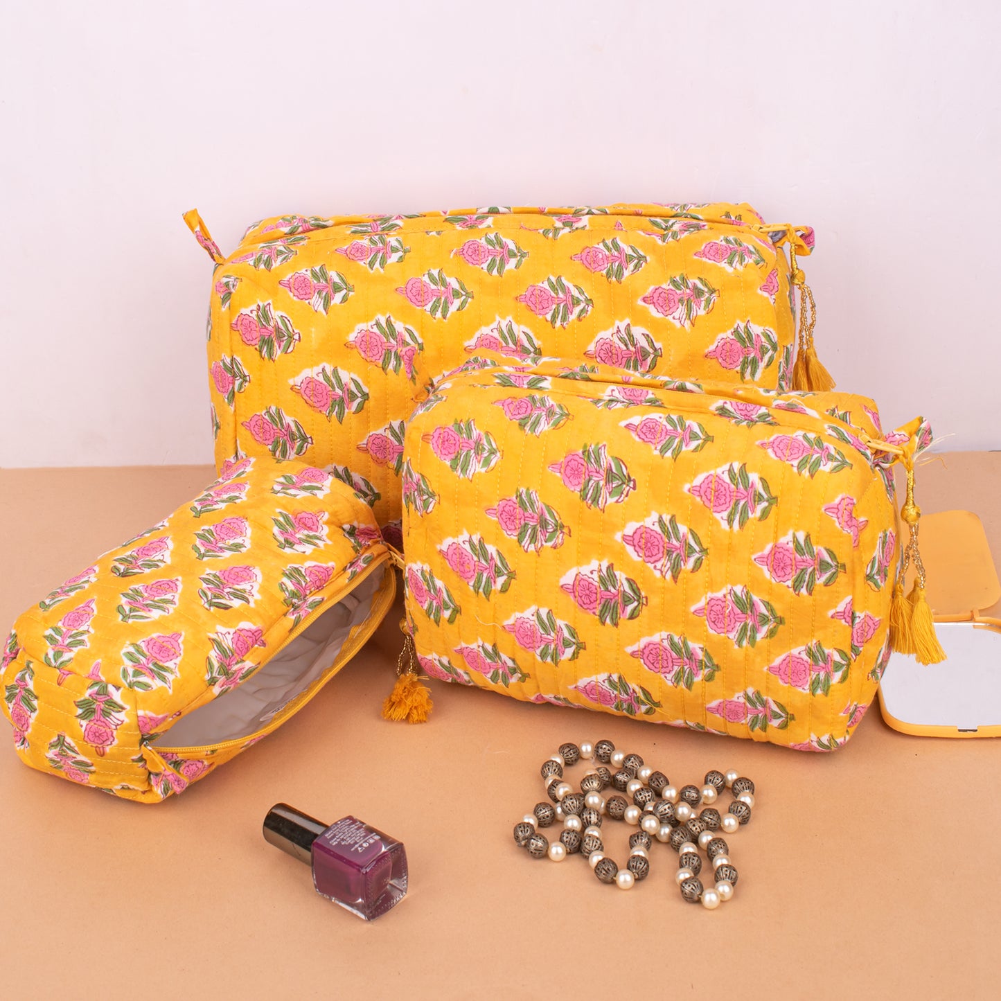 Set of 3 - Soft Cotton Quilted Makeup Bag | Travel Cosmetic Organizer | Handmade Gift